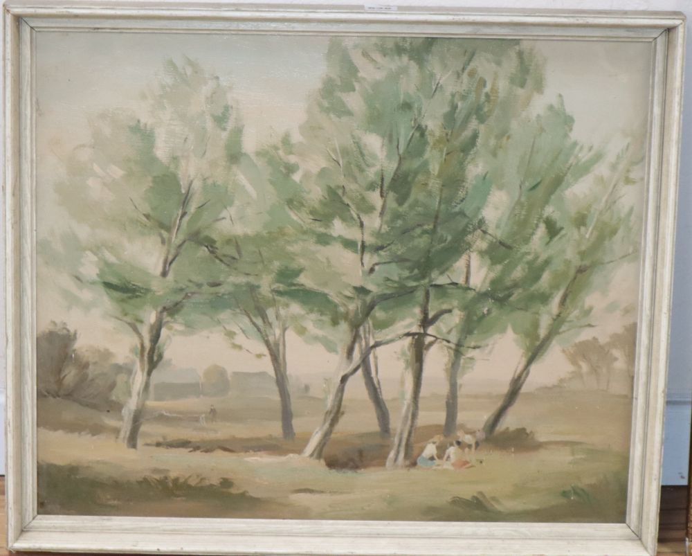 After John Nash, oil on board, Farmstead through trees, 49 x 59cm